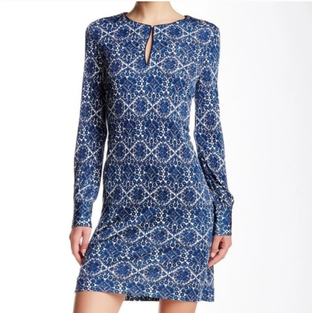 TORY BURCH Walker Long Sleeve Fitted Mini Dress Navy Blue White Size‎ XS Keyhole